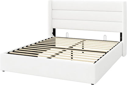 SHA CERLIN Queen Size Lift Up Storage Bed/Velvet Upholstered/Modern Wingback Headboard/Upholstered Platform Bed Frame/Hydraulic Storage/No Box Spring Needed/White