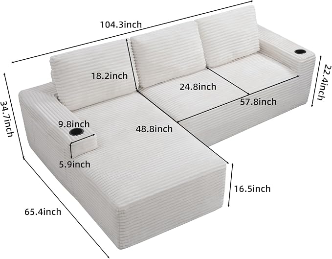 104" L Shaped Boneless Sectional Couches for Living Room, Comfy Corduroy Floor Cloud Sofa with Chaise and Cup Holder, Wide Armrest, Deep Seat, Assembly Free, Ideal for Small Spaces, Beige
