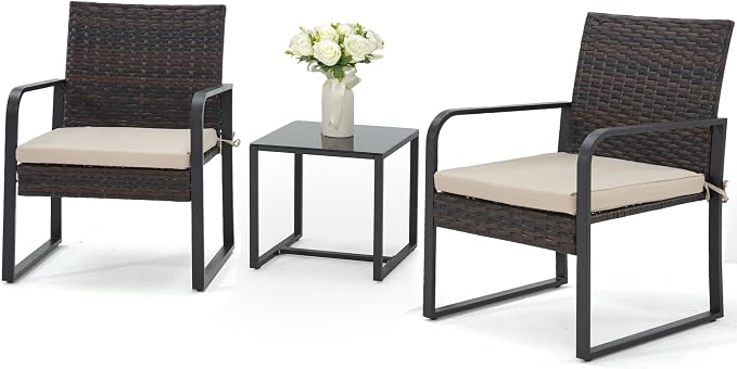 Bezseller 3 Piece Outdoor Patio Furniture Set, Patio Bistro Set Wicker Conversation Set, Modern Rattan Chair with Glass Coffee Table for Backyard, Porches, Poolside, Lawn and Balcony