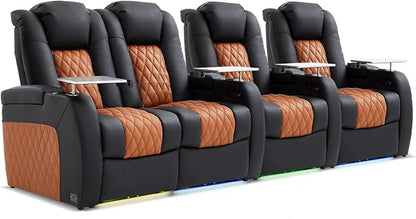 Weilianda Home Theater Seating Top Grain Leather Zero Gravity Recliner Chair Power Headrest Recline Movie Seat Gaming 7 Colors Mood Light Sofa with Tray Table Row of 4 Loveseat Left Black Camel