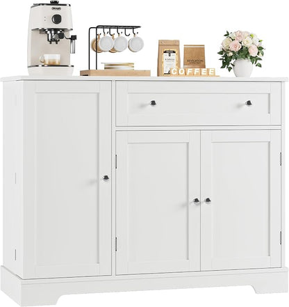HOSTACK Buffet Cabinet with Storage, Modern Sideboard Buffet with Doors, Wood Coffee Bar Kitchen Storage Cabinet with Drawer and Adjustable Shelf for Kitchen, Dining Room, Living Room, White