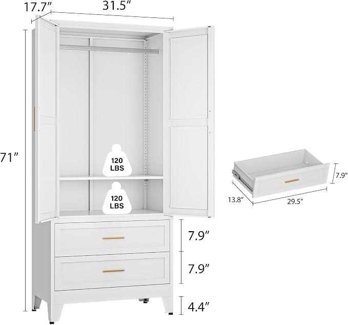 Metal Wardrobe Closet Cabinet with Drawers,71" H Large Bedroom Armoires with Shelves and Hanging Rod,Wardrobe Storage Cabinet with 2 Doors, 1 Adjustable Shelf and Drawers (2Drawer, White)