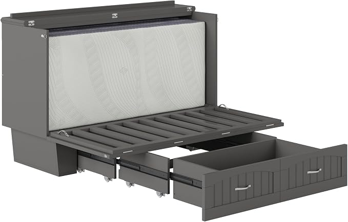 AFI, Nantucket Queen Murphy Bed Chest with Mattress, Storage Drawer and Built-In USB Charger, Grey