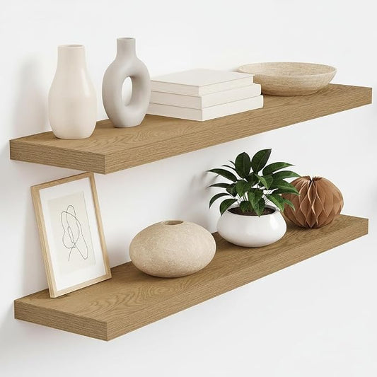 Vivelove 32 Inch Floating Shelves for Wall, 32x9 Display Shelves for Bathroom Living Room Kitchen Bedroom Office Farmhouse Home Decor - Set of 2, Oak