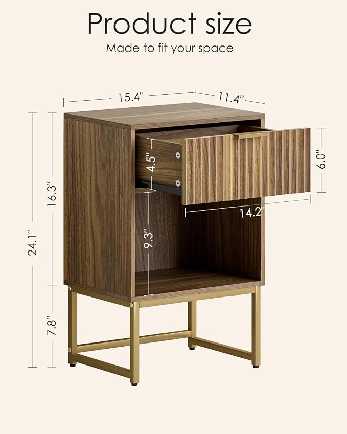Masupu Fluted Nightstand,Modern Night Stand Wood Bedside Table with Storage Drawer Side End Table for Bedroom,Office,Walnut Brown