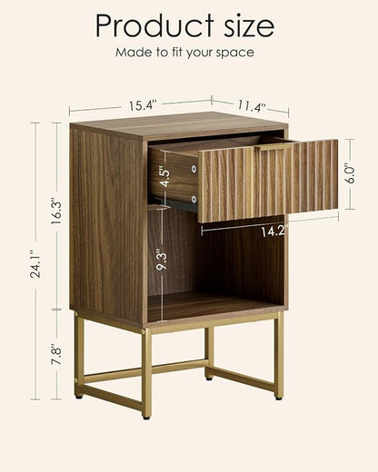 Masupu Fluted Nightstand,Modern Night Stand Wood Bedside Table with Storage Drawer Side End Table for Bedroom,Office,Walnut Brown