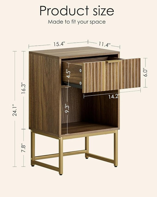 Masupu Fluted Nightstand,Modern Night Stand Wood Bedside Table with Storage Drawer Side End Table for Bedroom,Office,Walnut Brown
