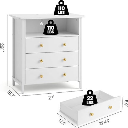 27 Inch LED Nightstand with Charging Station & 3 Drawers, White | Solid Wood and Steel Frame, 2 AC Outlets, 2 USB Ports, RGB App Control, Open Storage, Adjustable Feet, for Bedroom or Office