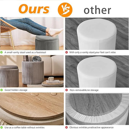 BLEXA Round Set of 2 Ottoman with Storage-Upholstered Velvet Vanity Stool for Makeup Multifunctional Ottomans Coffee Table Padded Seat Foot Rest for Living Room&Bedroom(Ligth Grey)