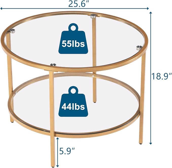 VINGLI 25.6" Round Gold Coffee Tables for Living Room, 2-Tier Glass Top Coffee Table with Storage Clear Coffee, Simple & Modern Center Table for Small Space