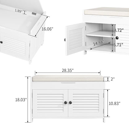WARMHONIU Shoe Storage Bench with Lift Top Storage, Entryway Bench with Cushioned Seat, Adjustable Shelf, 2 Tier Shoe Rack with Doors for Entryway, Bedroom, Hallway, Mudroom, White