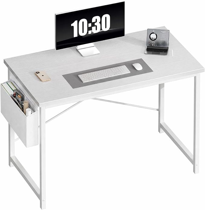 OLIXIS Computer Desk, 44 Inch Home Office Desks for Small Spaces, Writing Craft Study Gaming Table for Bedroom, Modern Computer Workstation with Storage Bag, All White