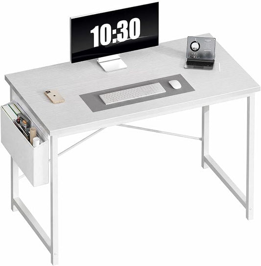 OLIXIS Computer Desk, 44 Inch Home Office Desks for Small Spaces, Writing Craft Study Gaming Table for Bedroom, Modern Computer Workstation with Storage Bag, All White