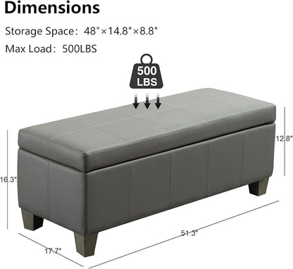 51 Inch Storage Ottoman, Storage Bench with Safety Hinge, Upholstered Synthetic Leather Ottoman Bench for Bedroom, Living Room, Entryway, Hallway, Foot Rest, Support 500lbs