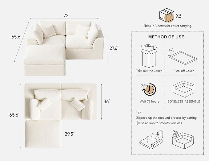Loveseat Sofa with Ottoman | 72 Inch Modern Boneless Couch for Small Spaces | 2 Seater Small Sofa for Apartment Bedroom Living Room | Love Seat Ivory White