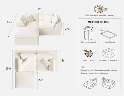 Loveseat Sofa with Ottoman | 72 Inch Modern Boneless Couch for Small Spaces | 2 Seater Small Sofa for Apartment Bedroom Living Room | Love Seat Ivory White