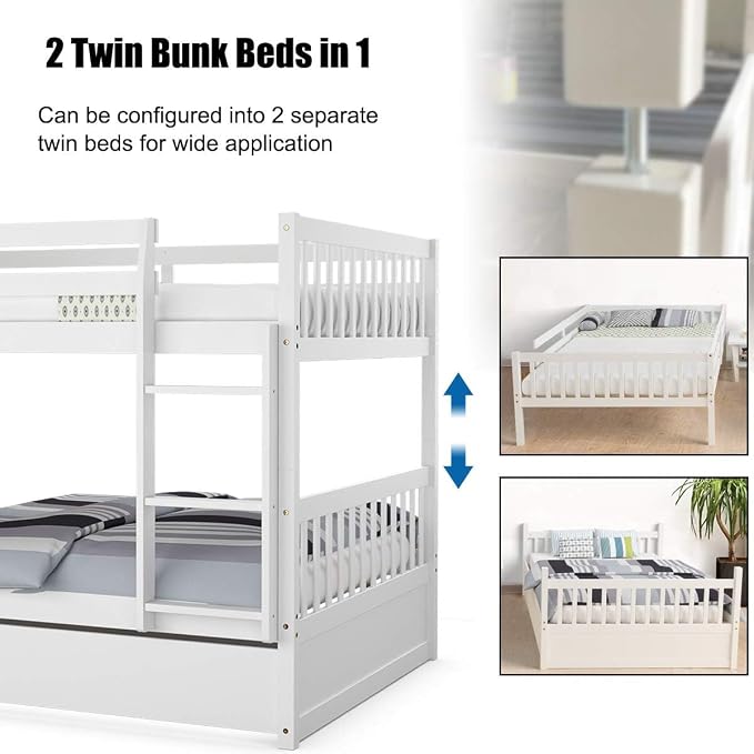 NAFORT Twin Over Twin Bunk Bed with Trundle, Solid Wood Bed Frame with Ladder & Safety Guardrails, Space Saving Bunk Bed for Kids Teens Adults Guest Room, Convertible Design, White