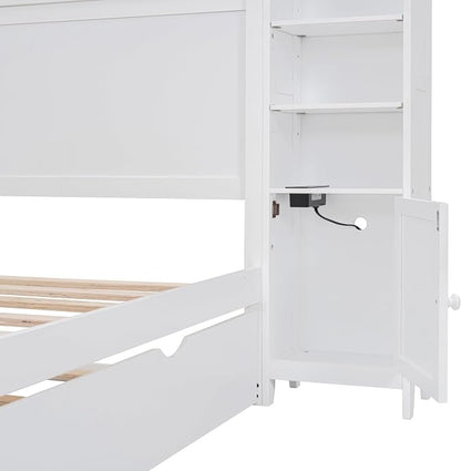 Merax Full Size Wooden Bed with All-in-One Cabinet, White Platform Bed Frame with 2 Drawers, Trundle and Sockets