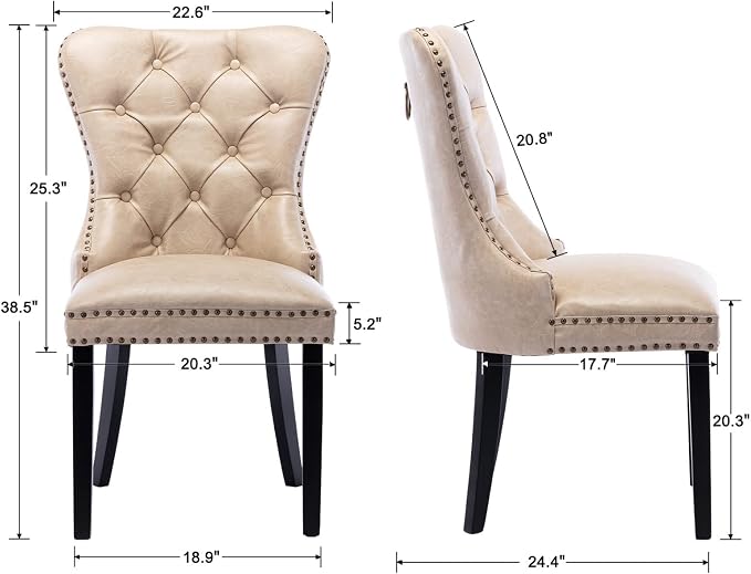 CIMOTA Beige Leather Dining Chairs Set of 2 Mid Century Modern Dining Room Chairs Tufted Upholstered Kitchen Dining Chairs Comfortable Side Chairs with Nailhead Trim/Ring Back (PU /2PCS)