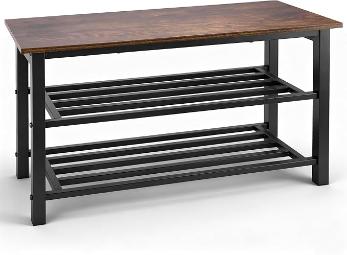Shoe Bench, 3-Tier Shoe Rack, Industrial Shoe Organizer Storage Bench, 27.2'' Bench with Metal Shelves, for Entryway, Living Room, Hallway, Easy Assembly, 300lb Capacity - Rustic Brown