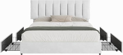 VECELO King Size Bed Frame with 4 Storage Drawers, Adjustable Height Headboard, Heavy-Duty Bedframe with Strong Wooden Slats, No Box Spring Needed, Pure White