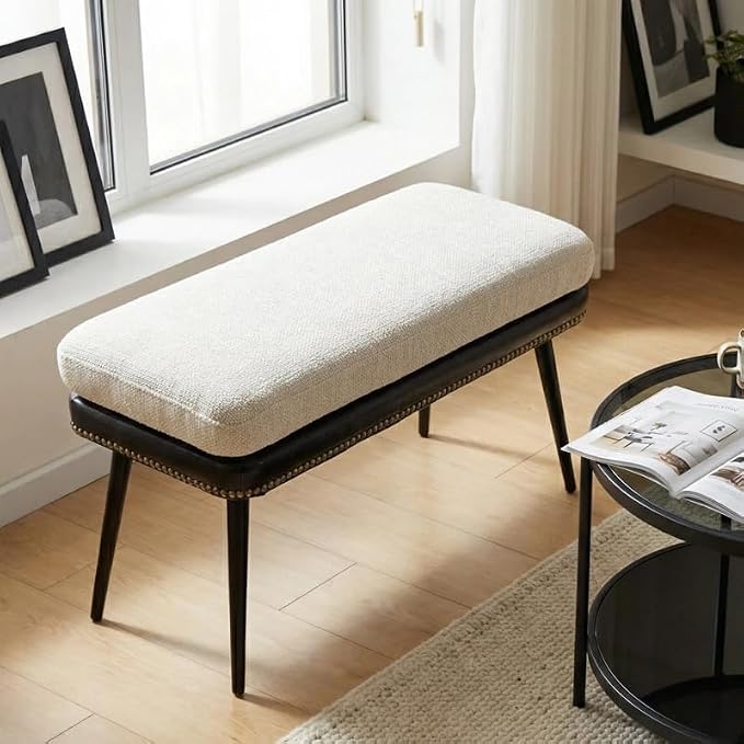Forteek 32" Retro Upholstered Entryway Bench, Shoe Bench with Cushion | Leather & Fabric Padded Bench, End of Bed Bench for Bedroom, Dining Bench for Living Room, Storage Bench for Hallway & Foyer