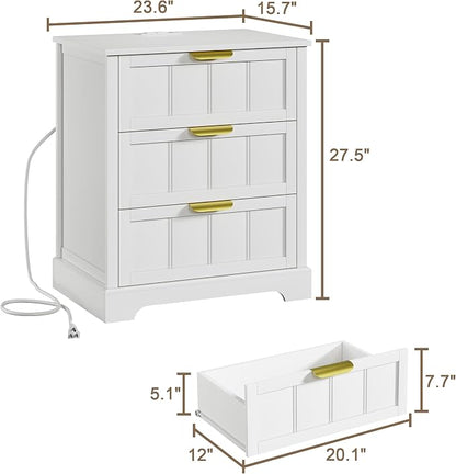 ChooChoo White Nightstand Set of 2, 3 Drawer Night Stand with Charging Station, Larger Bedside Table with USB-C, Modern End Table with Storage for Bedroom