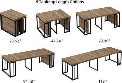 KEIKI 23.62" - 118" L Extendable Foldable Dining Room Table for 2-10 People, Wood Modern Rustic Rectangle Expandable Kitchen Living Meeting Room Furniture, 5 Tabletop Length Options