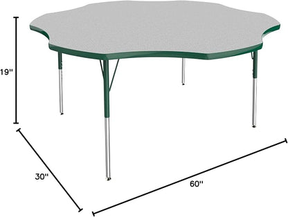 FDP Flower Activity School and Office Table (60 inch), Standard Legs with Swivel Glides for Collaborative Seating Environments, Adjustable Height 19-30 inches - Gray Top and Green Edge