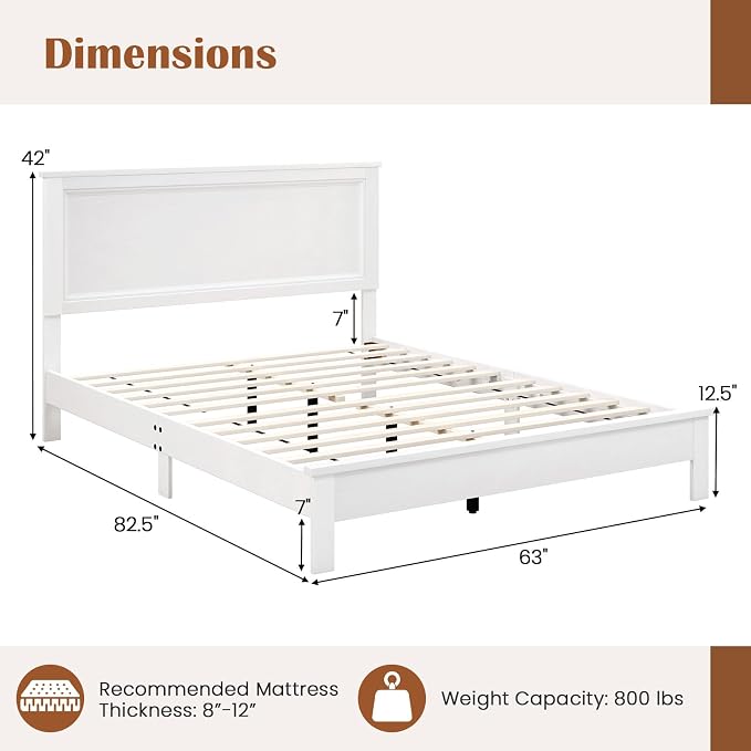 GOFLAME Queen Size Wood Bed Frame, Mid-Century Modern Platform Bed with Headboard, Solid Wood Legs, Mattress Foundation with 12 Wooden Slats, No Box Spring Needed, White