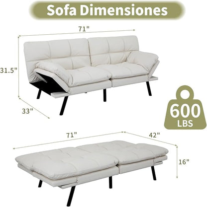Vipbear 71" Futon Sofa Bed - Convertible Sofa Beds/Adjustable Backrest & Armrest, Comfy Loveseat Sleeper for Small Spaces, Apartments & Offices,Faux Leather White Futons