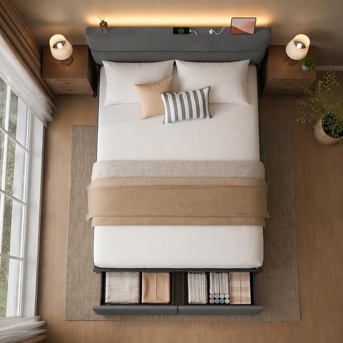 Queen Bed Frame with 2 Storage Drawers, Grey Velvet Upholstered | Platform Bed with Charging Ledge, LED Headboard Lighting, Metal Support, Noise Free, No Box Spring Needed, Easy Assembly