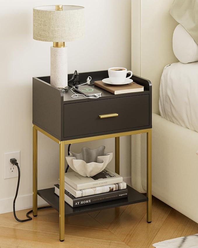 Masupu Nightstand with Charging Station,3-Tier Modern Bedside Night Stand with Storage Drawer and Shelf,Small End Side Table for Bedroom,Living Room,Gold and Black