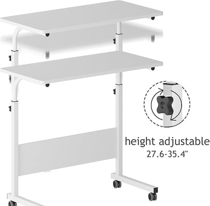 DlandHome Rolling Desk Adjustable Standing Desk, Mobile Side Table 31.4 Inches w/Wheels Adjustable C Table Movable Portable Laptop Computer Stand for Bed Sofa,White