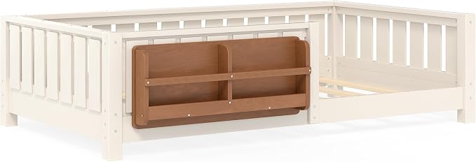 Bellemave Beige Montessori Floor Bed with Fence and Slats, Twin Size Montessori Floor Bed with Bookcase and High Rails, Easy Assemble Bed Frame for Girls, Boys, Twin