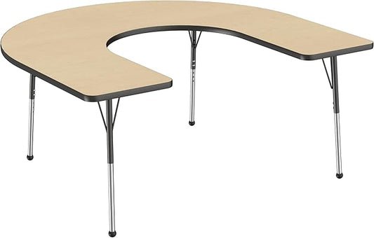 FDP Horseshoe Activity School and Office Table (60 x 66 inch), Standard Legs with Ball Glides for Collaborative Seating Environments, Adjustable Height 19-30 inches - Maple Top and Black Edge