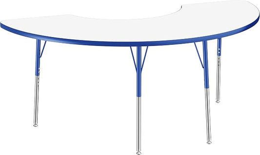 FDP Dry-Erase Half Moon Activity School and Office Table (36 x 72 inch), Standard Legs with Swivel Glides for Collaborative Spaces, Adjustable Height 19-30 inches - Whiteboard Top, Blue Edge and Legs