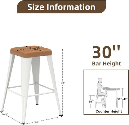 Bar Stools Set of 4, 30" Bar Height Bar Stools Backless, Upholstered Bar Stools with Brown Seat and White Metal Legs for Kitchen Island, Study Room, Cafe