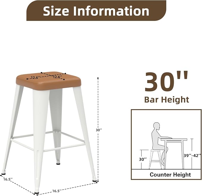 Bar Stools Set of 2, 30" Bar Height Bar Stools Backless, Upholstered Bar Stools with Brown Seat and White Metal Legs for Kitchen Island, Study Room, Cafe