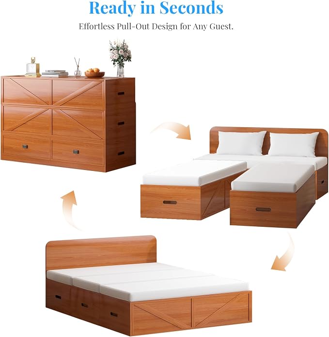 PUREMIND Murphy Bed Full with Mattress Included, Wood Cabinet Bed with Dual Storage Drawers & 2 Pillows, 3-in-1 Convertible Sofa Beds for Small Space, Guest Room, Cherry