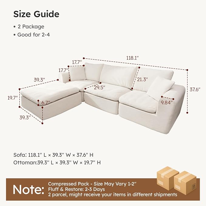 Oversized Modular Sectional Sofa, Boneless Cloud Couch with L-Shaped Chaise, Upholstered Deep Seat Comfy Couch for Living Room, No Assembly | for Living Room