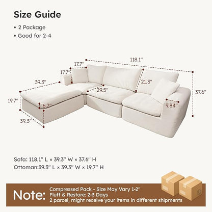 Oversized Modular Sectional Sofa, Boneless Cloud Couch with L-Shaped Chaise, Upholstered Deep Seat Comfy Couch for Living Room, No Assembly | for Living Room