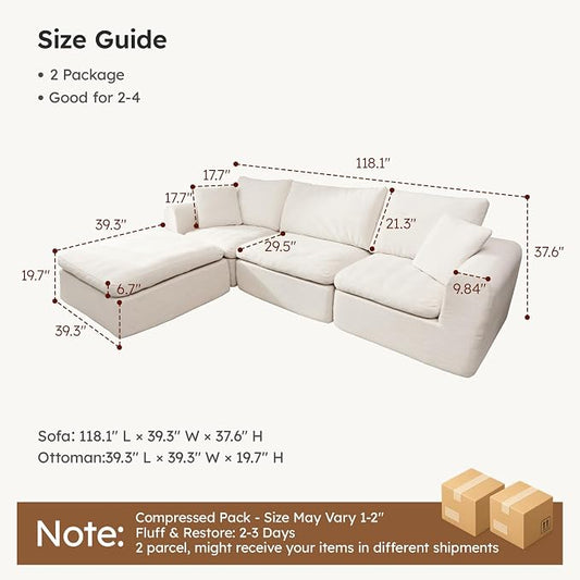 Oversized Modular Sectional Sofa, Boneless Cloud Couch with L-Shaped Chaise, Upholstered Deep Seat Comfy Couch for Living Room, No Assembly | for Living Room