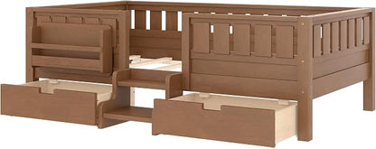 Bellemave Twin Bed with Storage Drawers & Bookshelf, Low Profile Kids Bed Frame with Staircase & Full Length Guardrails, Wood Twin Bed for Kids with Slats Load 300LBS, Easy Assembly, Oak Brown