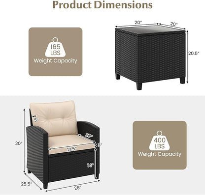 Tangkula 3 Piece Patio Furniture Set, Rattan Conversation Set w/Soft Seat & Back Cushions, Tempered Glass Topped Coffee Table, Cushioned Wicker Seating Set for Backyard, Porch, Poolside (Beige)