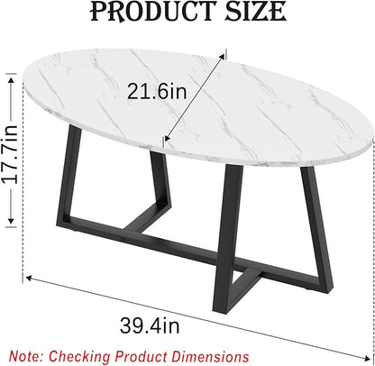 Wolawu Coffee Table Small Oval Table,White Faux Marble Table for Living Room, Modern Center Tea Tables for Small Space,Wooden Tables End Tables with Sturdy Black Metal Leg