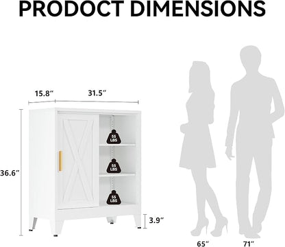 COFaR White 37" H Sliding Door Storage Cabinet, Half Open Half Closed Design, 3-Tier Kitchen Organizer with Adjustable Shelves, 150 lbs Top, Metal Coffee Bar & Buffet Sideboard for Dining Room