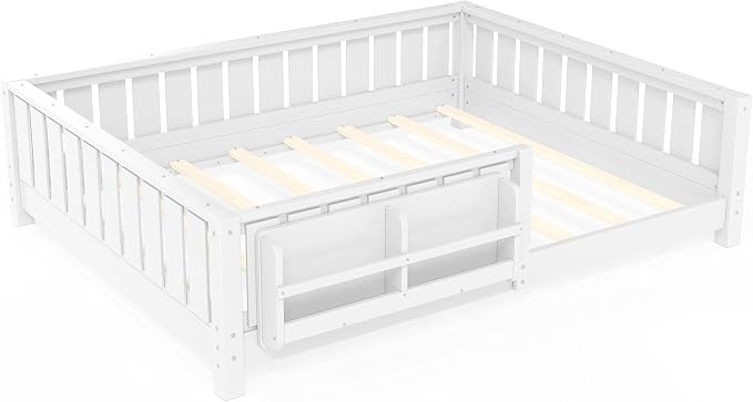 Bellemave Full Floor Bed with high Rails and with Built-in Bookshelf for Kids, Girls, Boys, Wood Montessori Floor Bed Without Door, White
