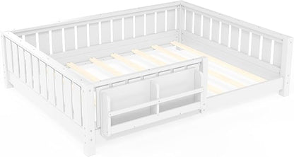 Bellemave Full Floor Bed with high Rails and with Built-in Bookshelf for Kids, Girls, Boys, Wood Montessori Floor Bed Without Door, White