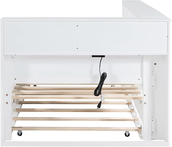 Bellemave Twin Corner Bed Frame with Trundle, Wood Twin Daybed with L-Shaped Bookcase，Daybed with Storage Cabinets, White